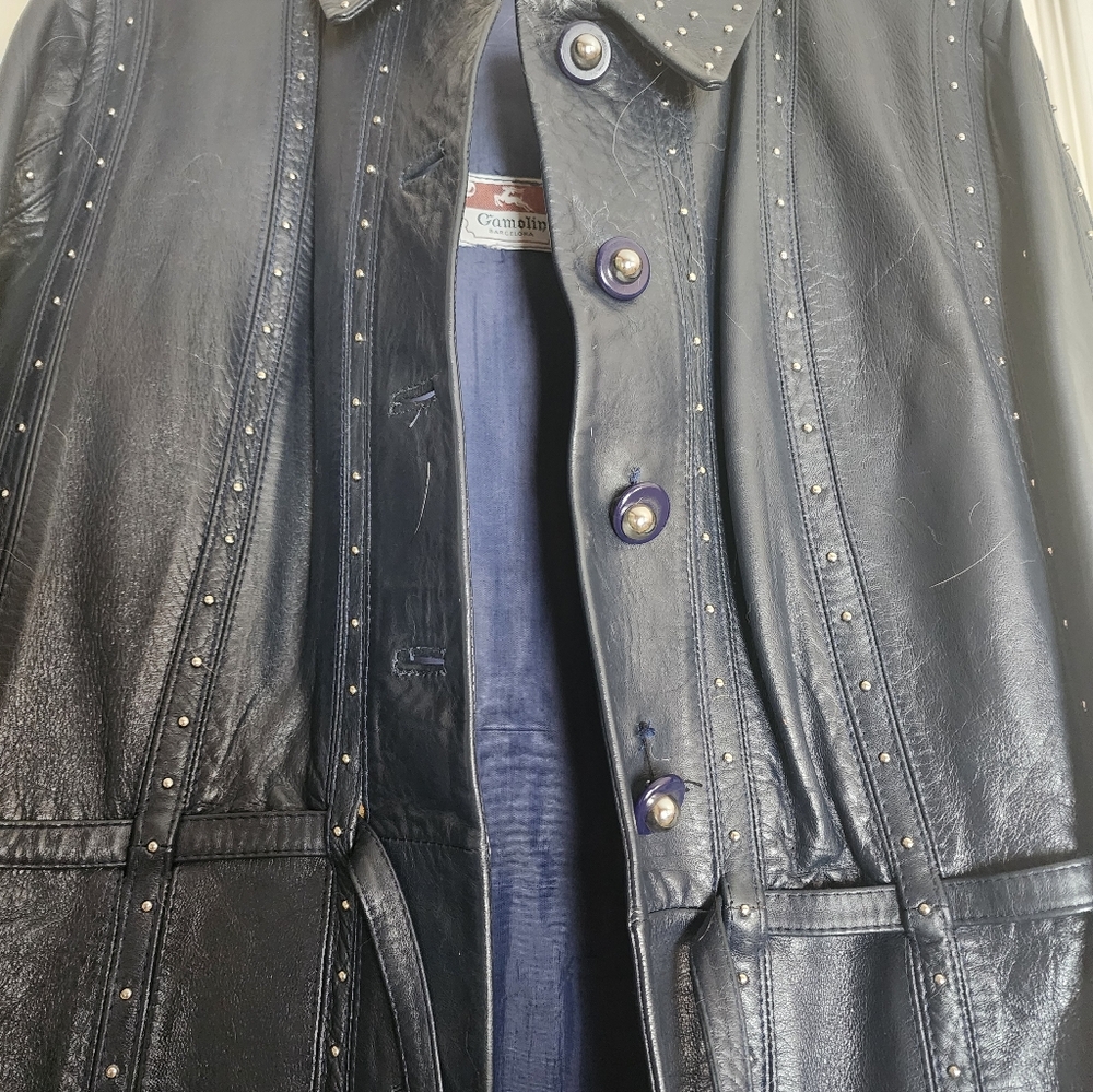 Chic Navy Blue, Gamolin Of Barcelona Vintage Leather Studded Women's Trench Coat - Picture 5 of 16
